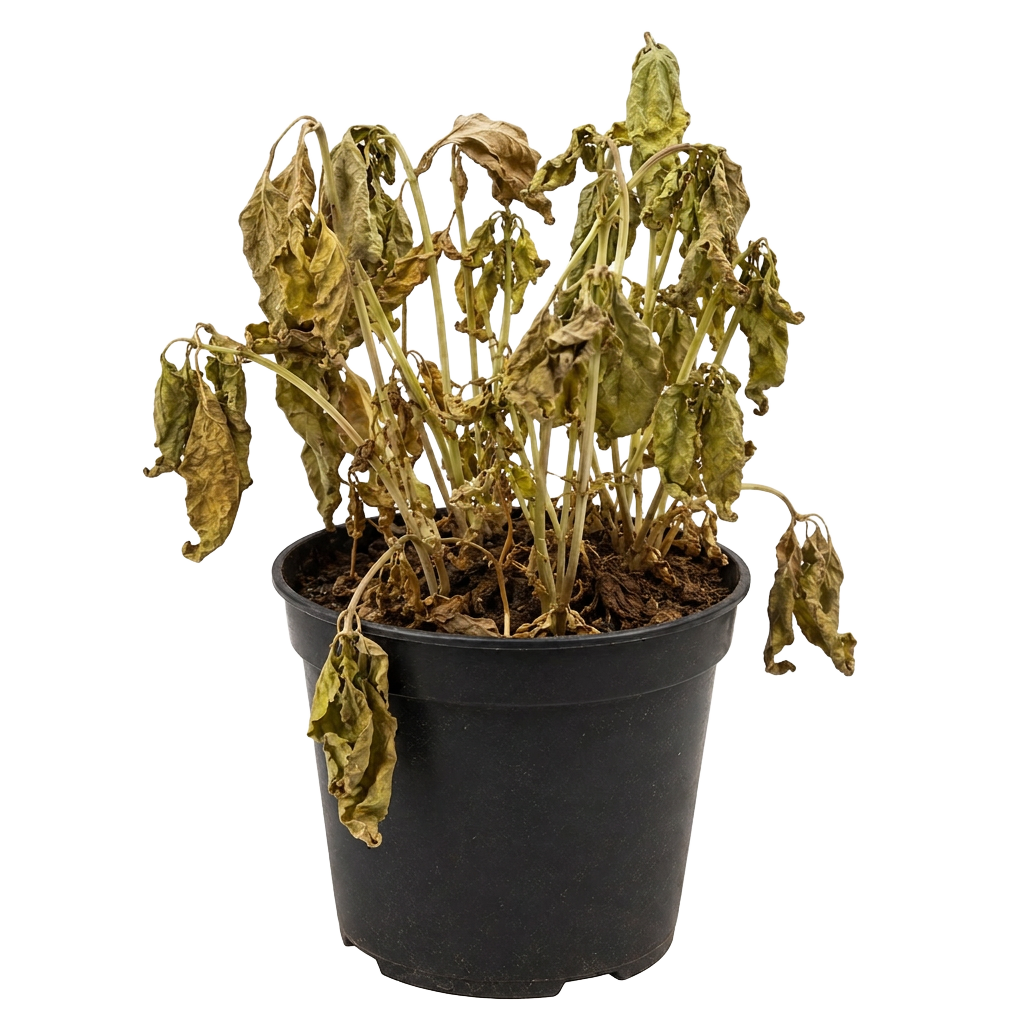 A neglected basil plant, dry and wilted in a black plastic pot